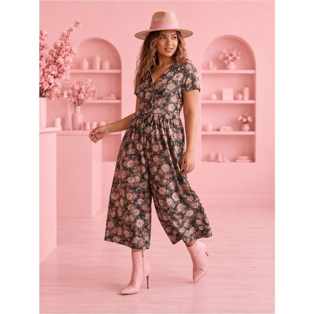 🛍️ Leslie Ashton Green floral button up wide Leg Ankle short sleeve jumpsuit Sm